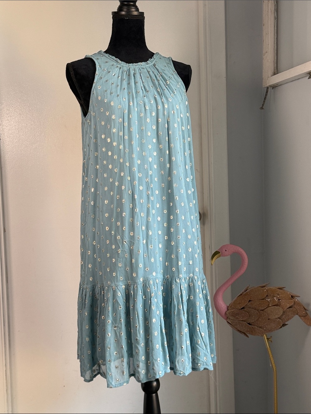 Anthropologie Light Blue Metallic Dot Ruffle-Hem Midi Dress